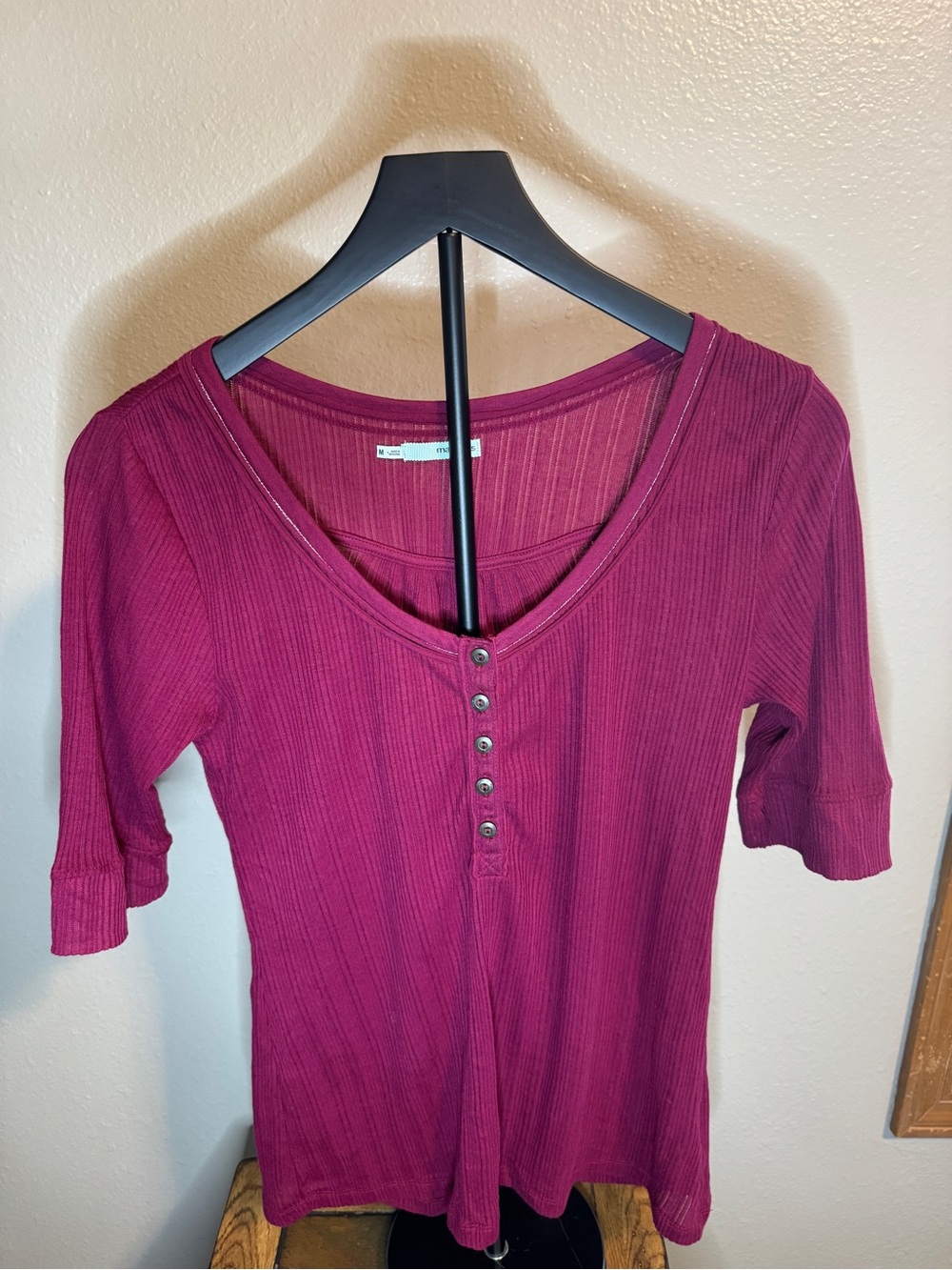 Maurices Rasberry/Burgundy Ribbed Henley Short Sleeve Top